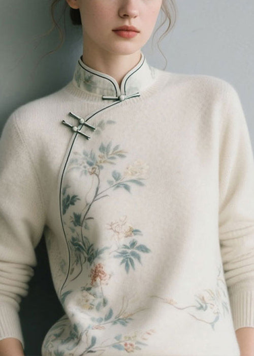 White Floral Thick Knit Sweater Stand Collar Winter