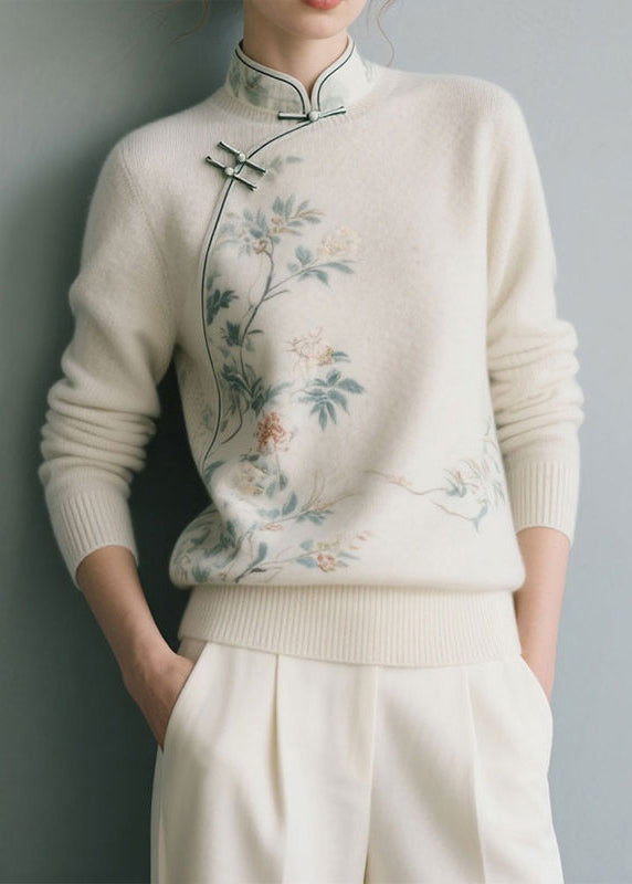 White Floral Thick Knit Sweater Stand Collar Winter