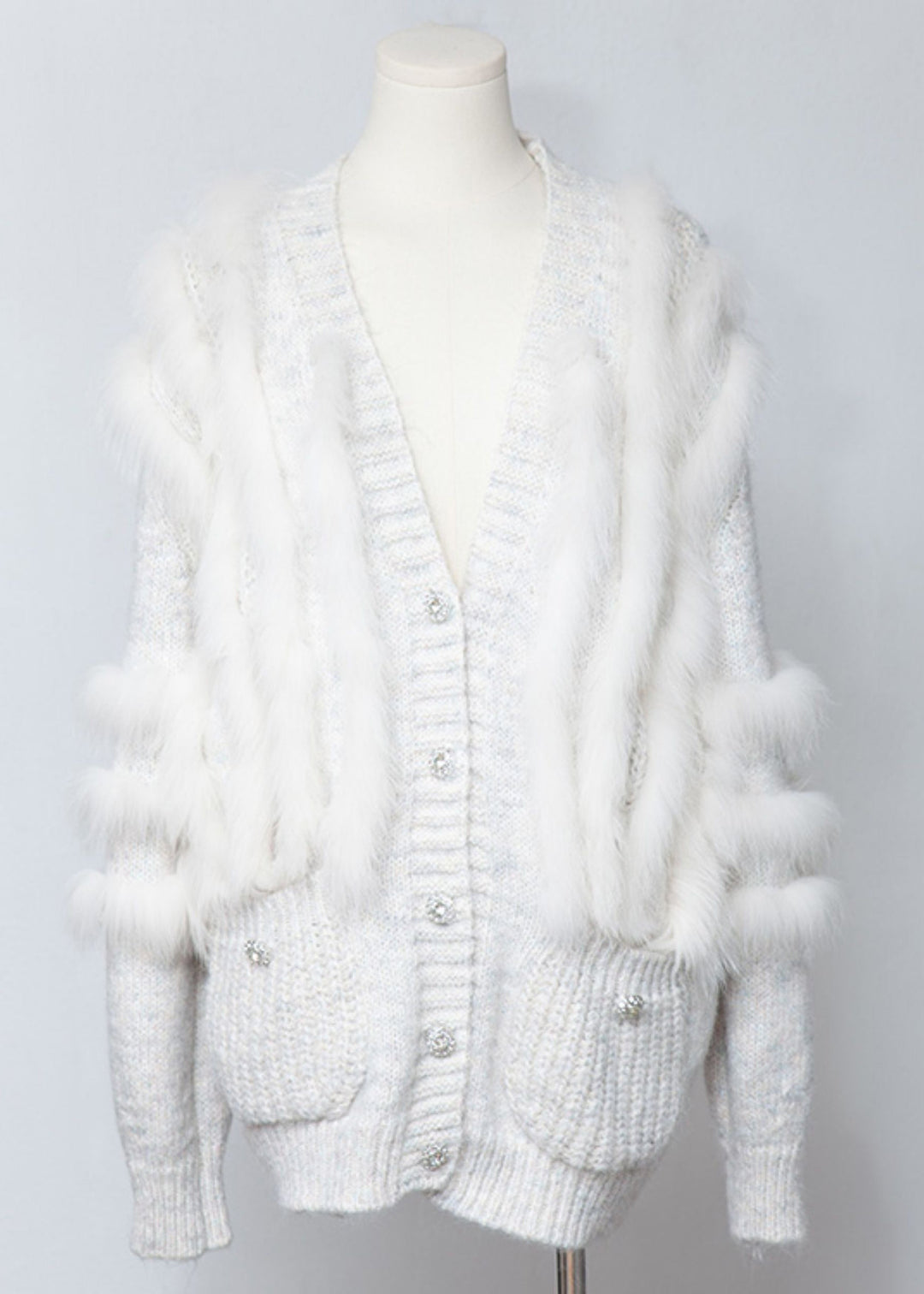 White Fox Fur Pockets Patchwork Woolen Cardigan V Neck