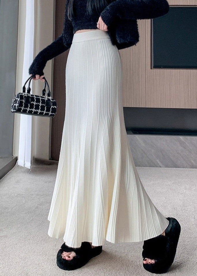 White High Waist Patchwork Solid Knit Maxi Skirt