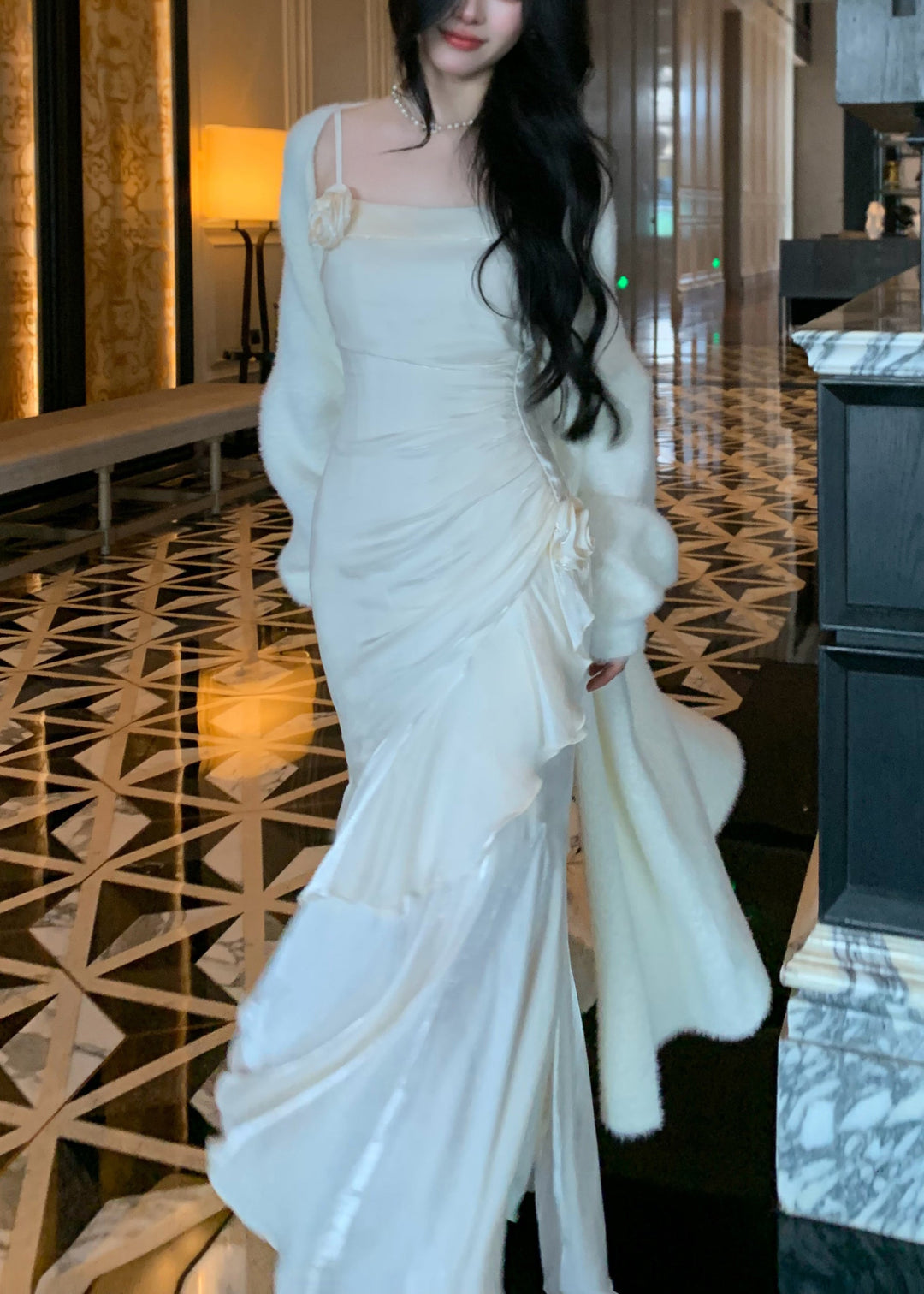 White High Waist Solid Silk Party Dress Ruffled Summer