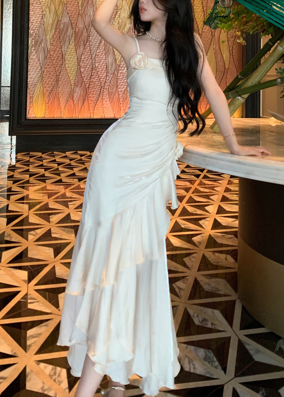 White High Waist Solid Silk Party Dress Ruffled Summer