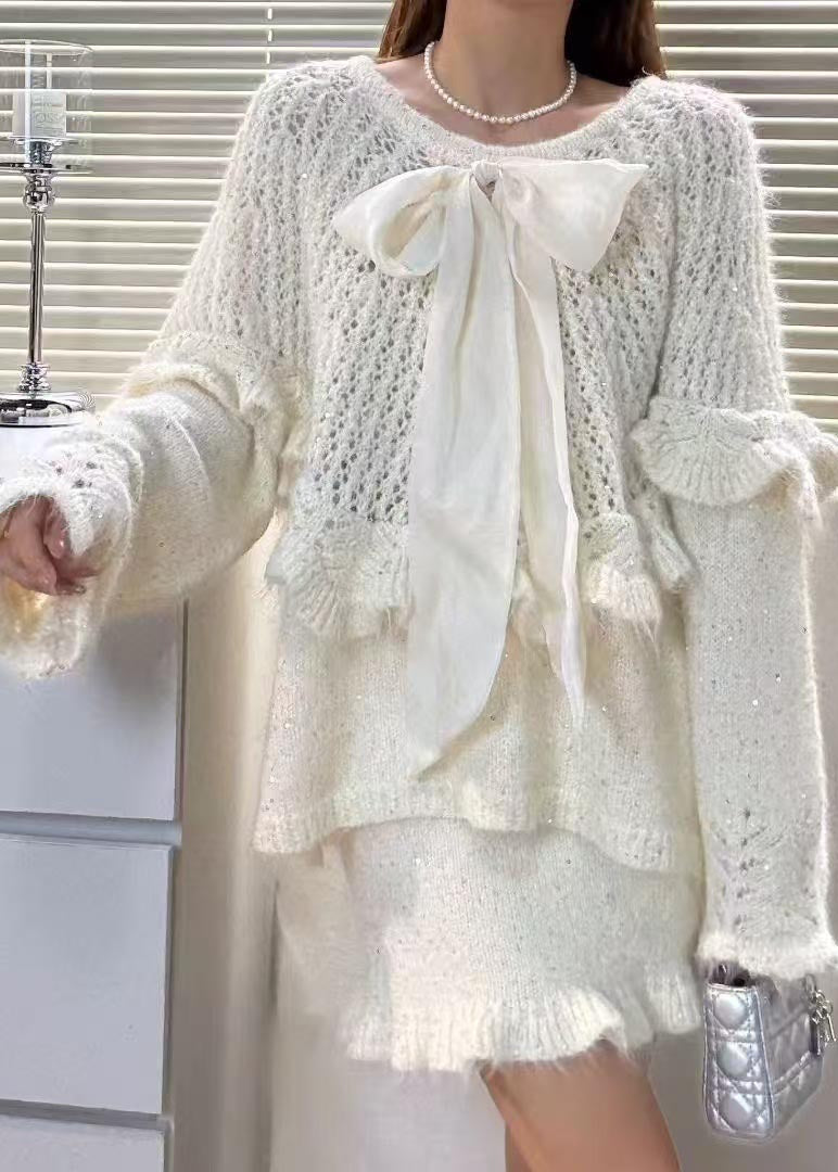 White Hollow Out Knit Two Pieces Set Cute Bow Fall