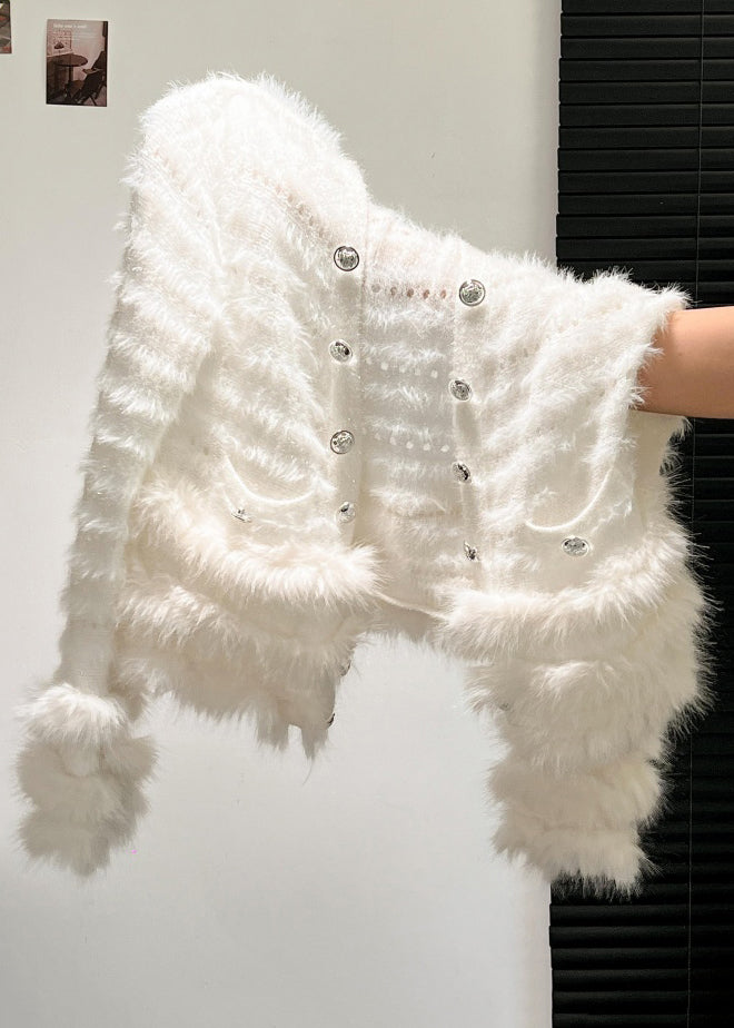 White Hollow Out Pockets Patchwork Knit Coat V Neck