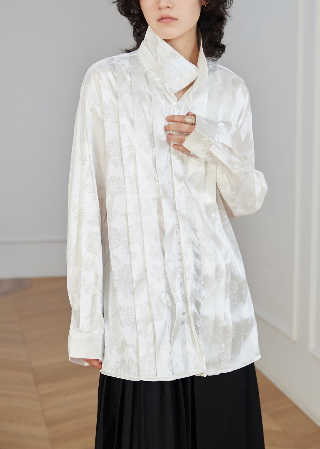 White Jacquard Button Loose Silk Shirt Top Stand Collar