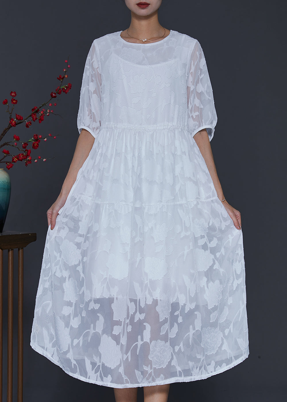 White Jacquard Chiffon Holiday Dress Draping Summer