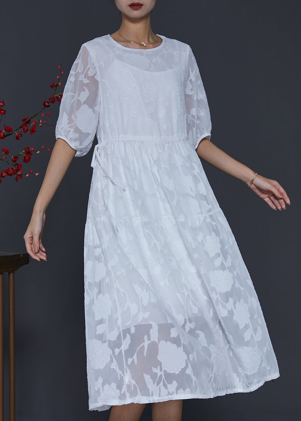 White Jacquard Chiffon Holiday Dress Draping Summer