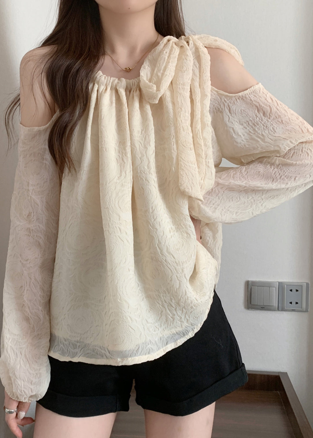 White Jacquard Chiffon Shirt Tops Cold Shoulder Fall