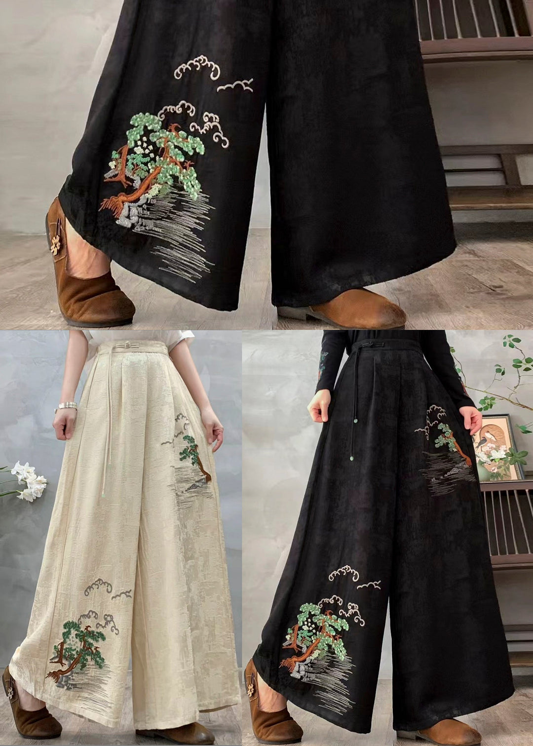 White Jacquard Silk Straight Pants Embroidered Draping Spring
