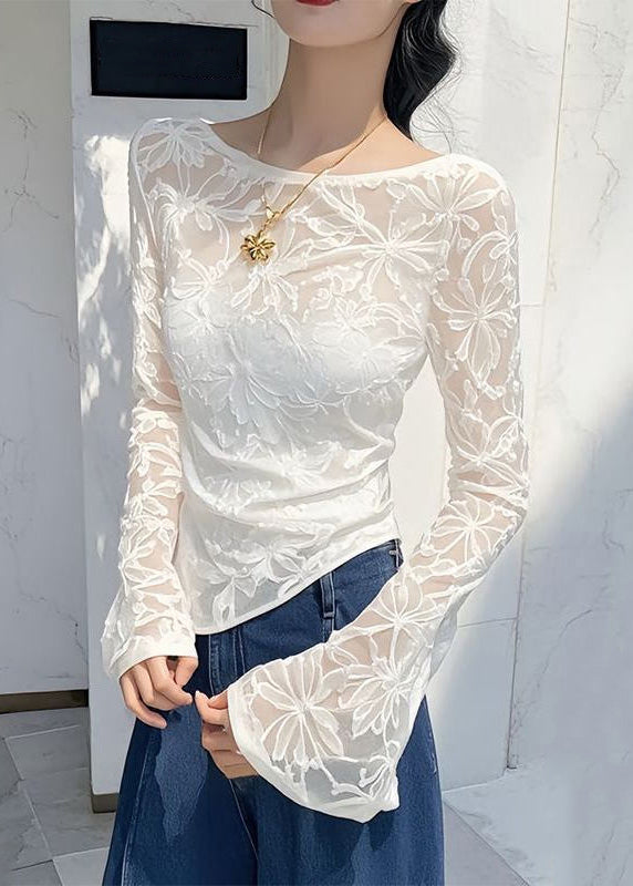 White Jacquard Slim Fit Tulle T Shirts Asymmetrical Flare Sleeve