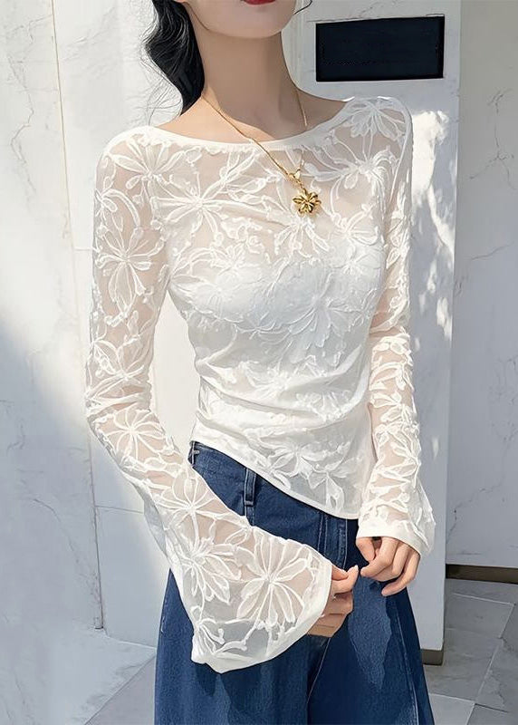 White Jacquard Slim Fit Tulle T Shirts Asymmetrical Flare Sleeve