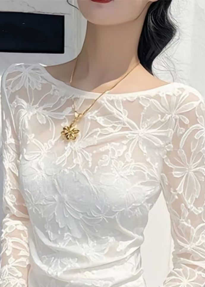 White Jacquard Slim Fit Tulle T Shirts Asymmetrical Flare Sleeve