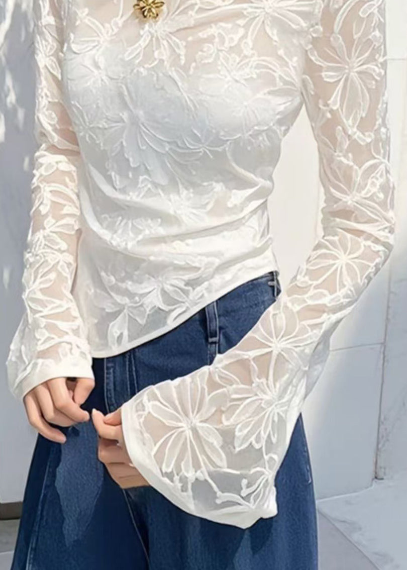 White Jacquard Slim Fit Tulle T Shirts Asymmetrical Flare Sleeve