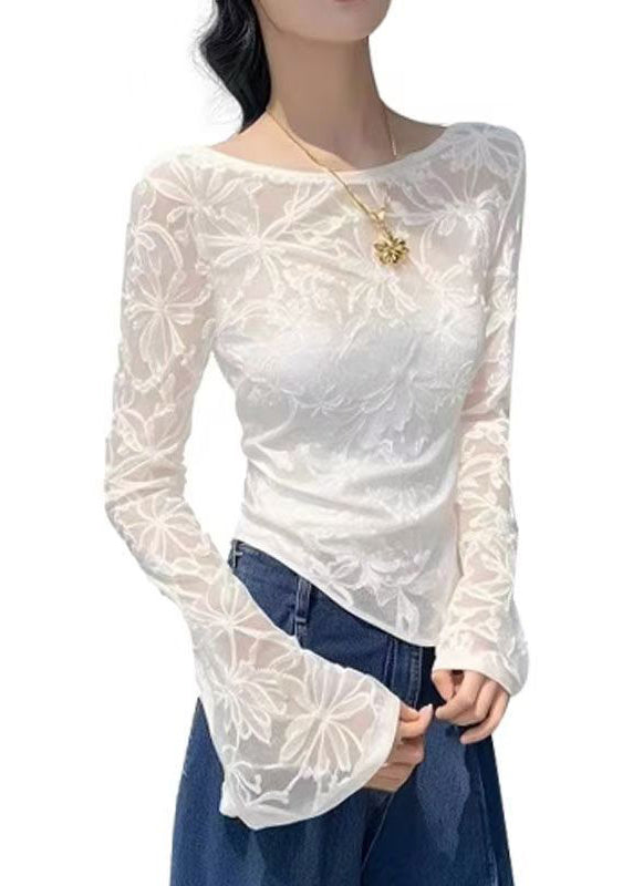 White Jacquard Slim Fit Tulle T Shirts Asymmetrical Flare Sleeve
