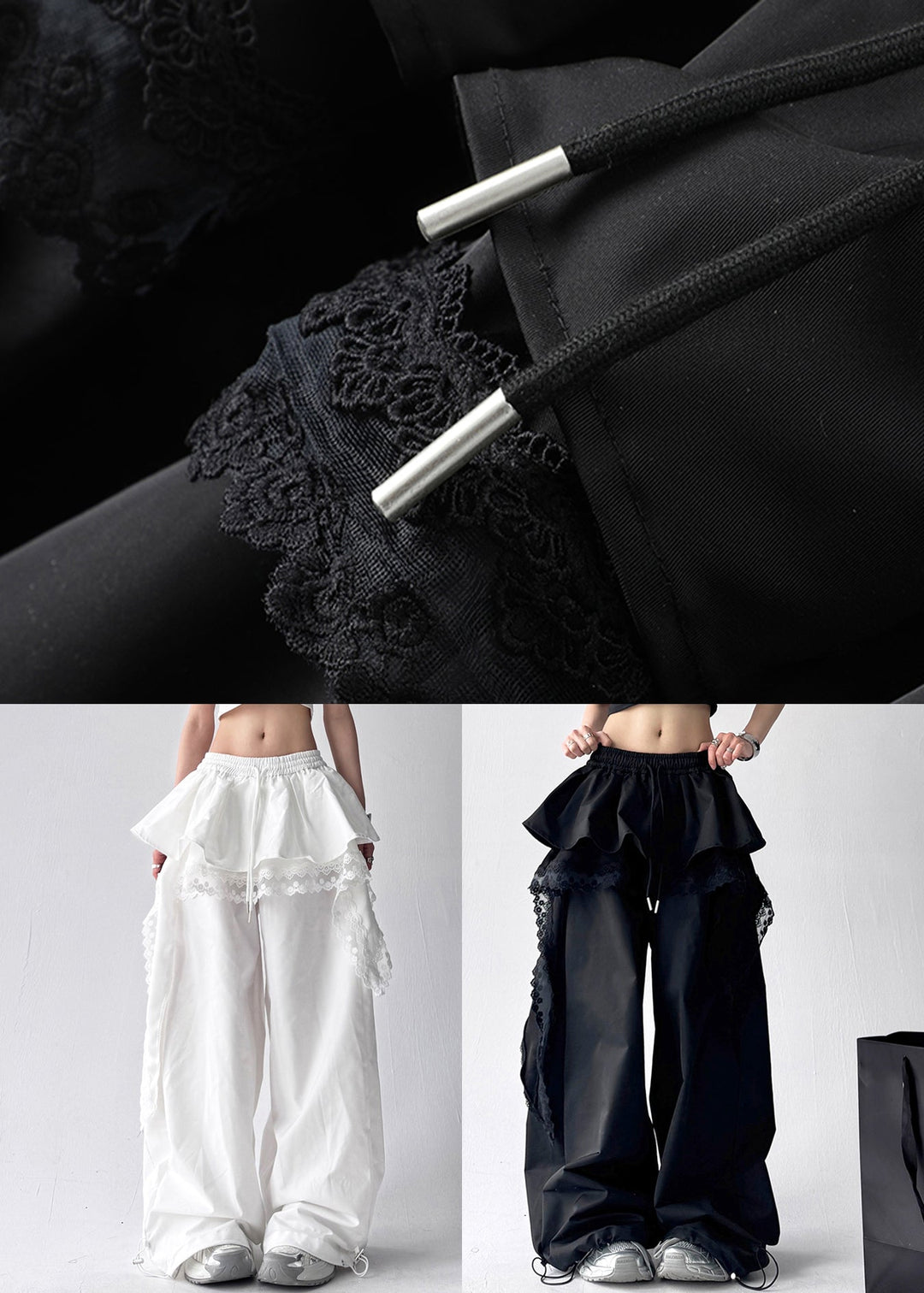 White Lace Elastic Waist Cotton Pants Layered