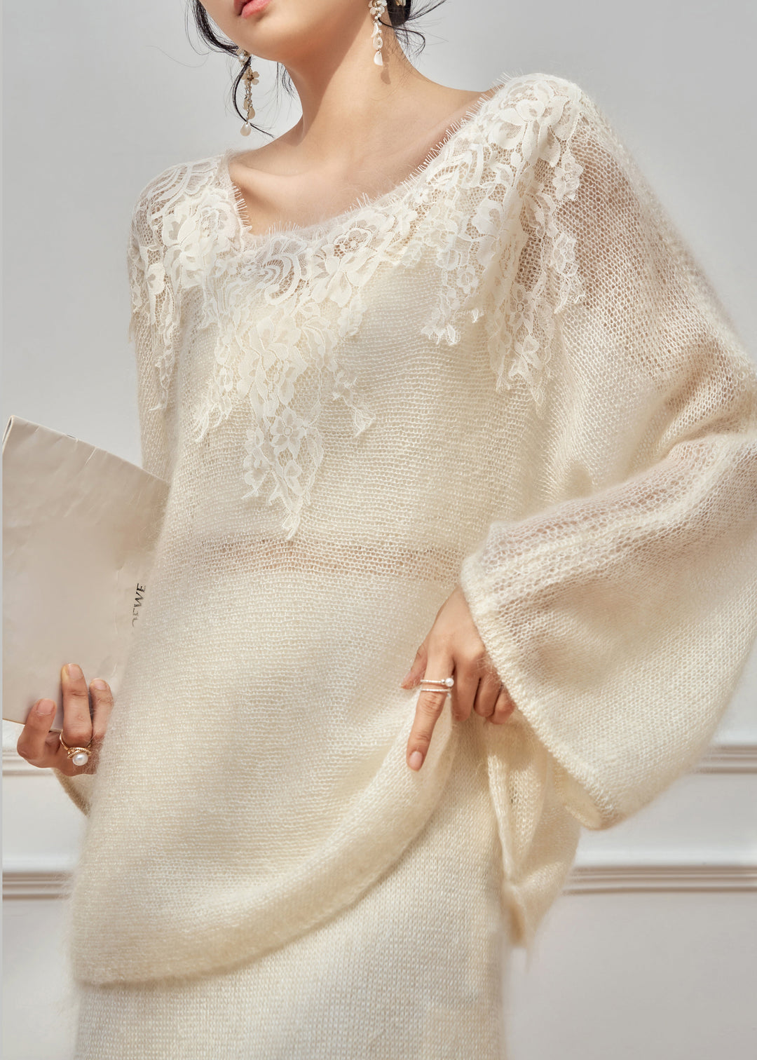 White Lace Patchwork Sweaters And Skirts Knit Two Piece Set O-Neck Fall