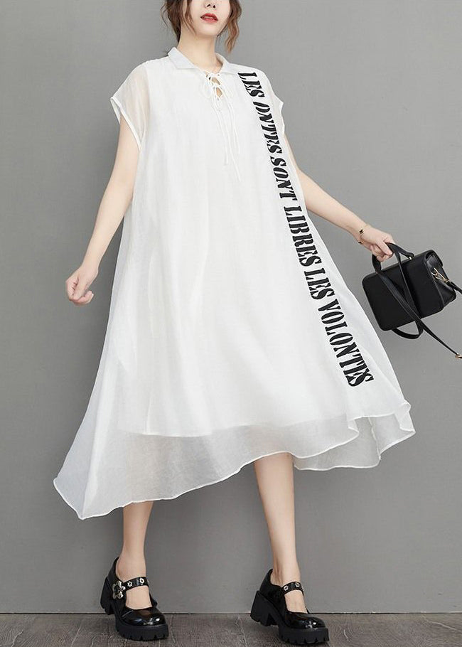 White Lace Up Silk Cotton Long Dress Embroidered Short Sleeve
