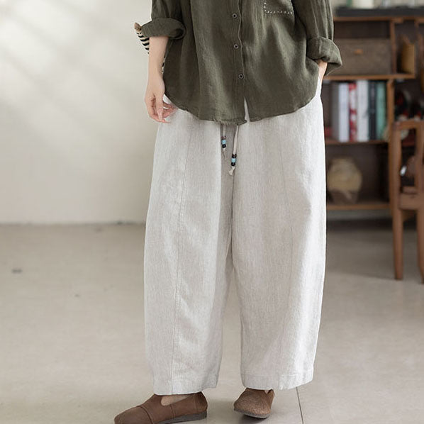 White Linen Harem Pants Oversized Elastic Waist Summer