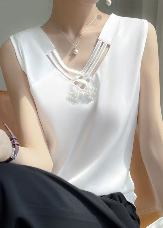 White Nail Bead Solid Silk Tank V Neck Sleeveless