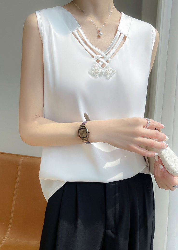White Nail Bead Solid Silk Tank V Neck Sleeveless
