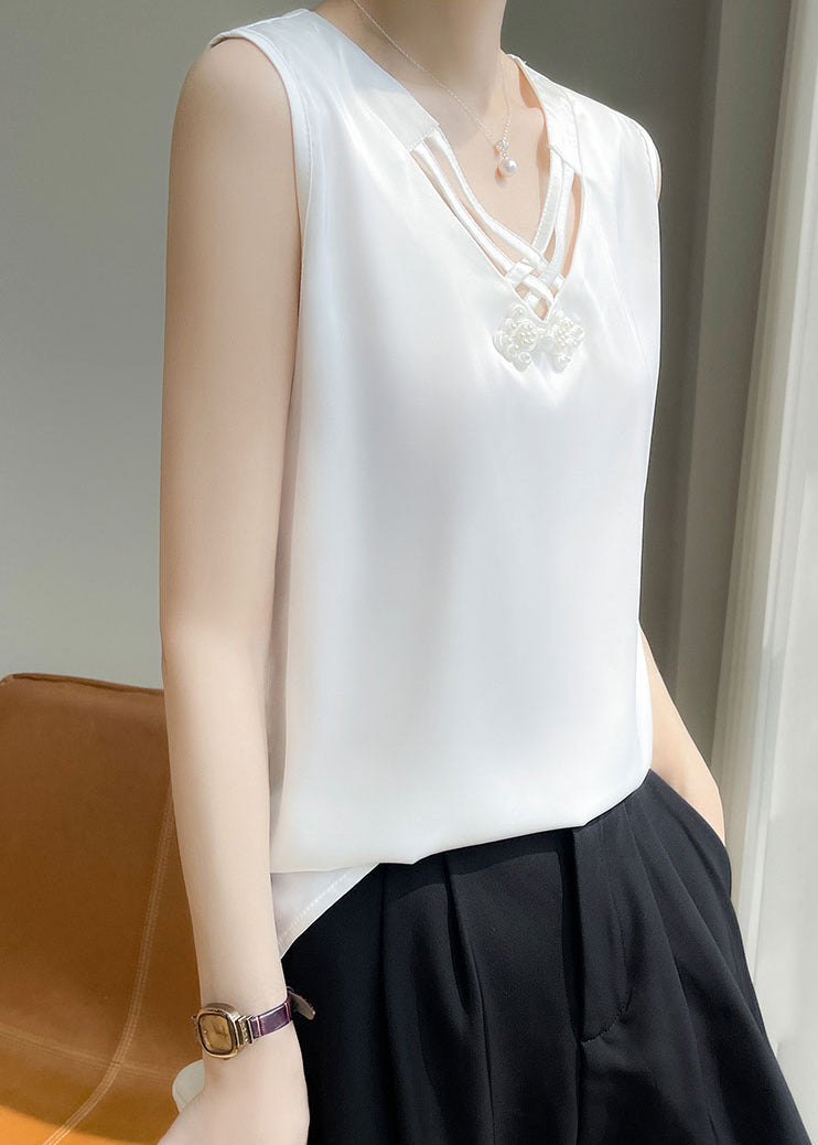 White Nail Bead Solid Silk Tank V Neck Sleeveless