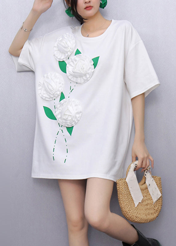 White O-Neck Solid Tops Short Sleeve
