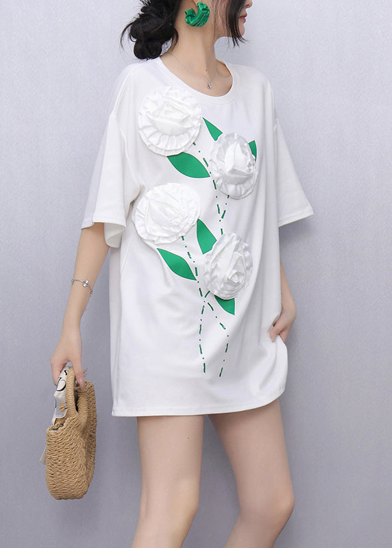 White O-Neck Solid Tops Short Sleeve