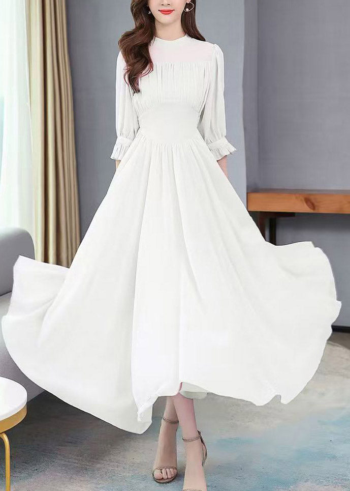 White O-Neck Wrinkled Tunic Chiffon Maxi Holiday Dress Summer