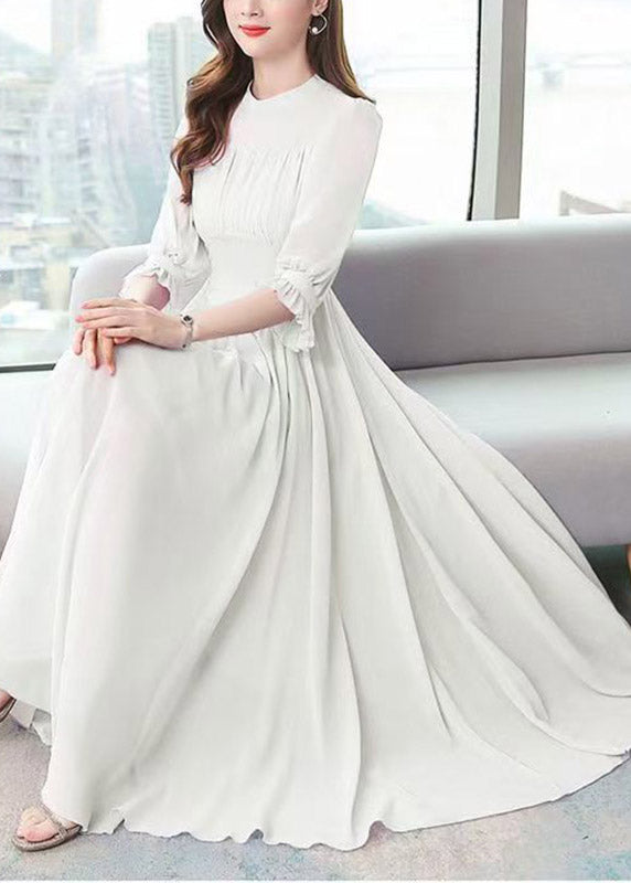 White O-Neck Wrinkled Tunic Chiffon Maxi Holiday Dress Summer