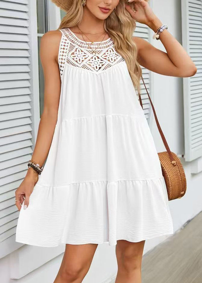 White Patchwork Cotton Mid Dress Hollow Out Sleeveless