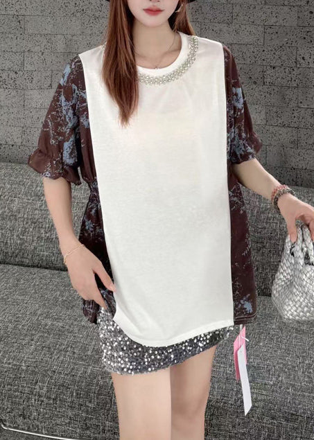White Patchwork Cotton Tanks Oversized Zircon Summer