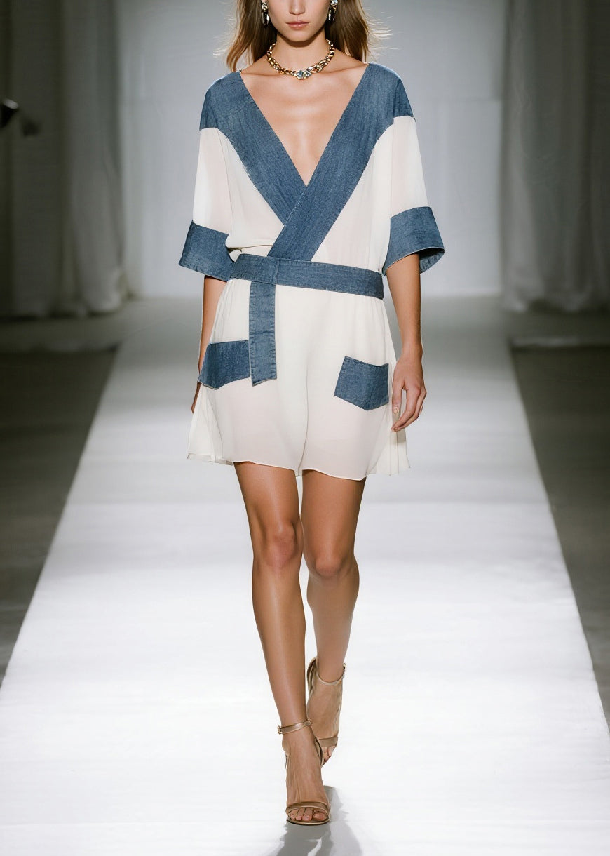 White Patchwork Denim Chiffon Mini Dresses V Neck Summer