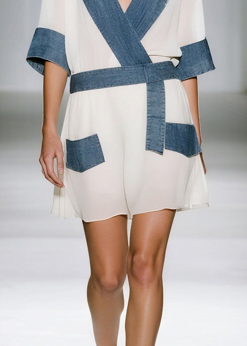 White Patchwork Denim Chiffon Mini Dresses V Neck Summer