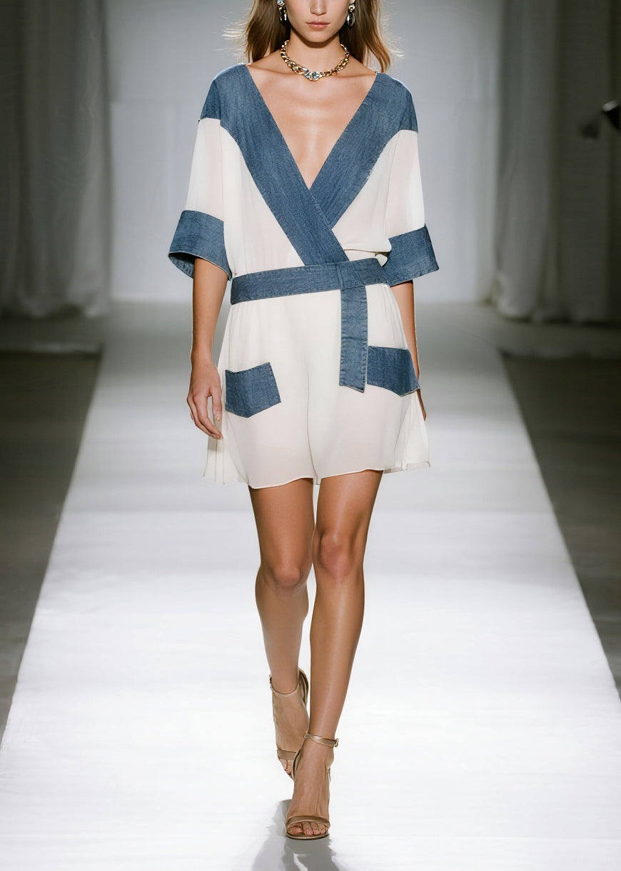 White Patchwork Denim Chiffon Mini Dresses V Neck Summer