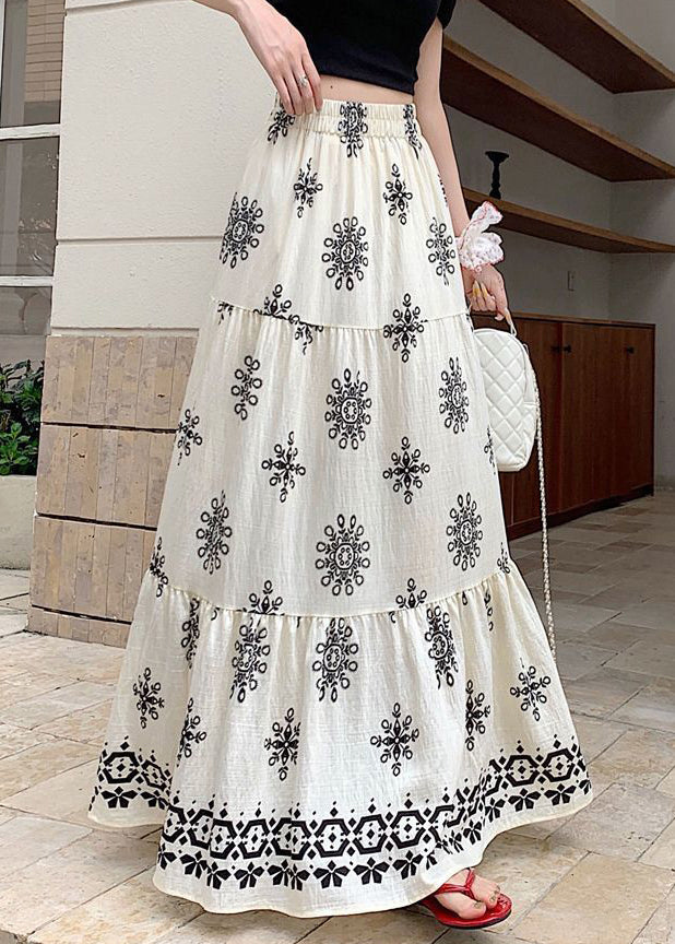 White Patchwork Elastic Waist Maxi Skirts