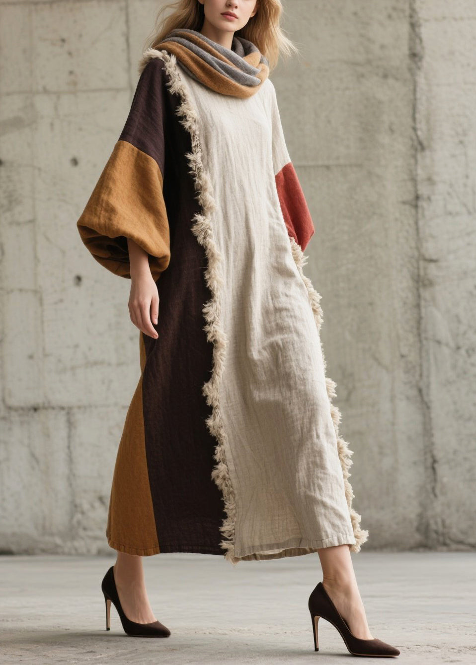 White Patchwork Faux Fur Long Dresses Asymmetrical Lantern Sleeve
