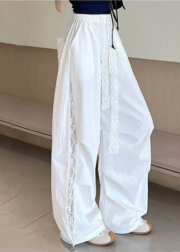 White Patchwork Lace Wide Leg Pants Oversized Fall