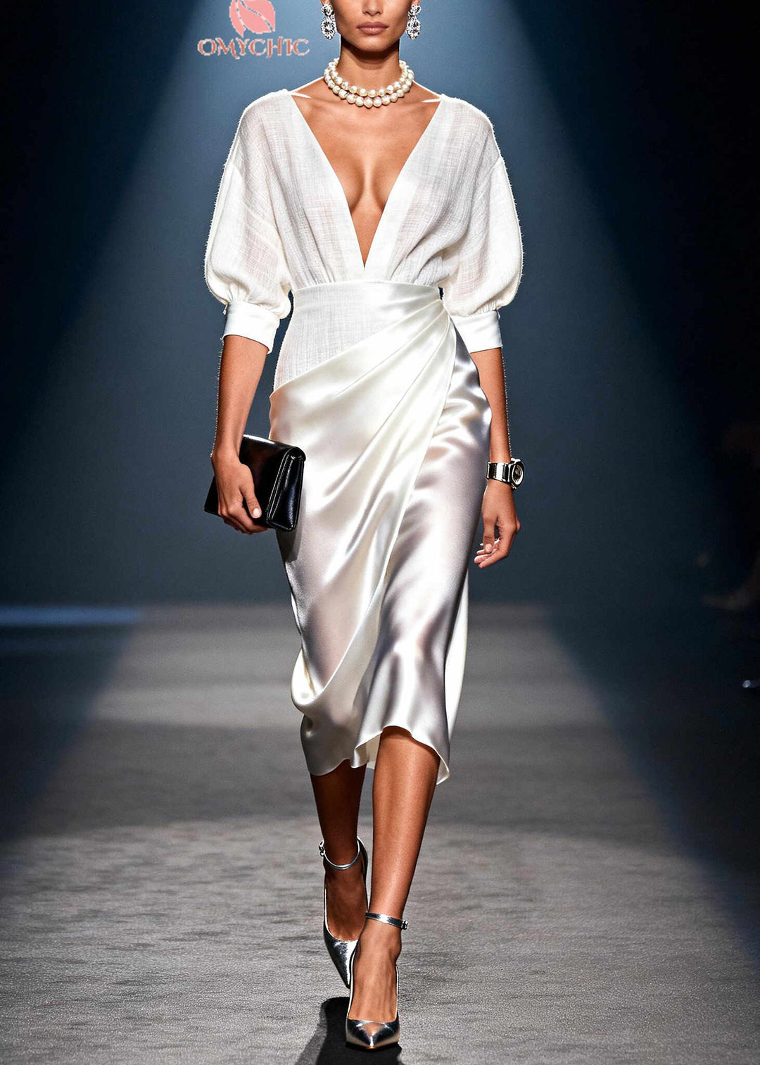 White Patchwork Linen Silk Dress Deep-V Neck Wrinkled Summer
