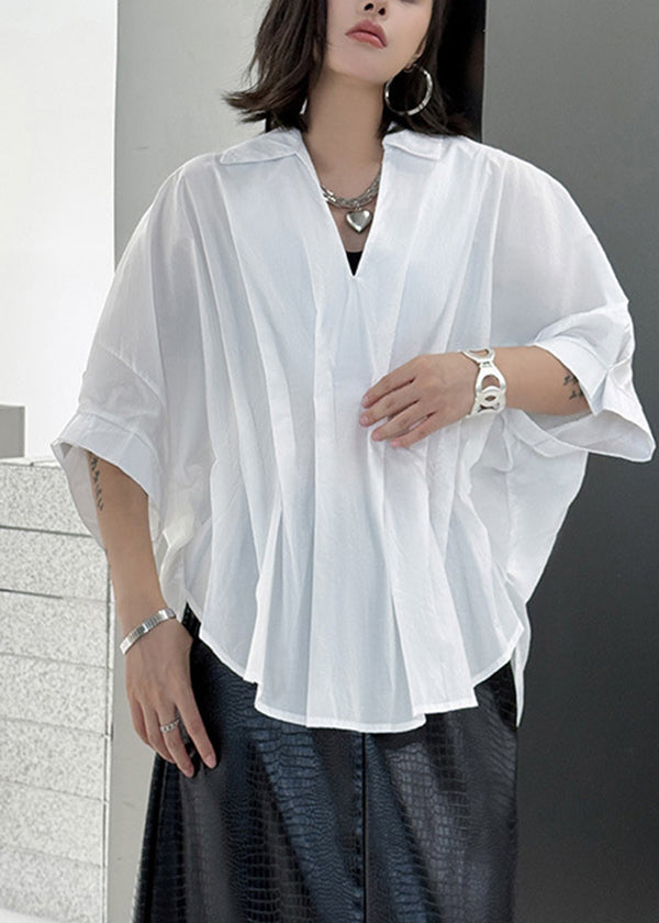 White Patchwork Novelty Cotton Shirt Top Asymmetrical Wrinkled Summer