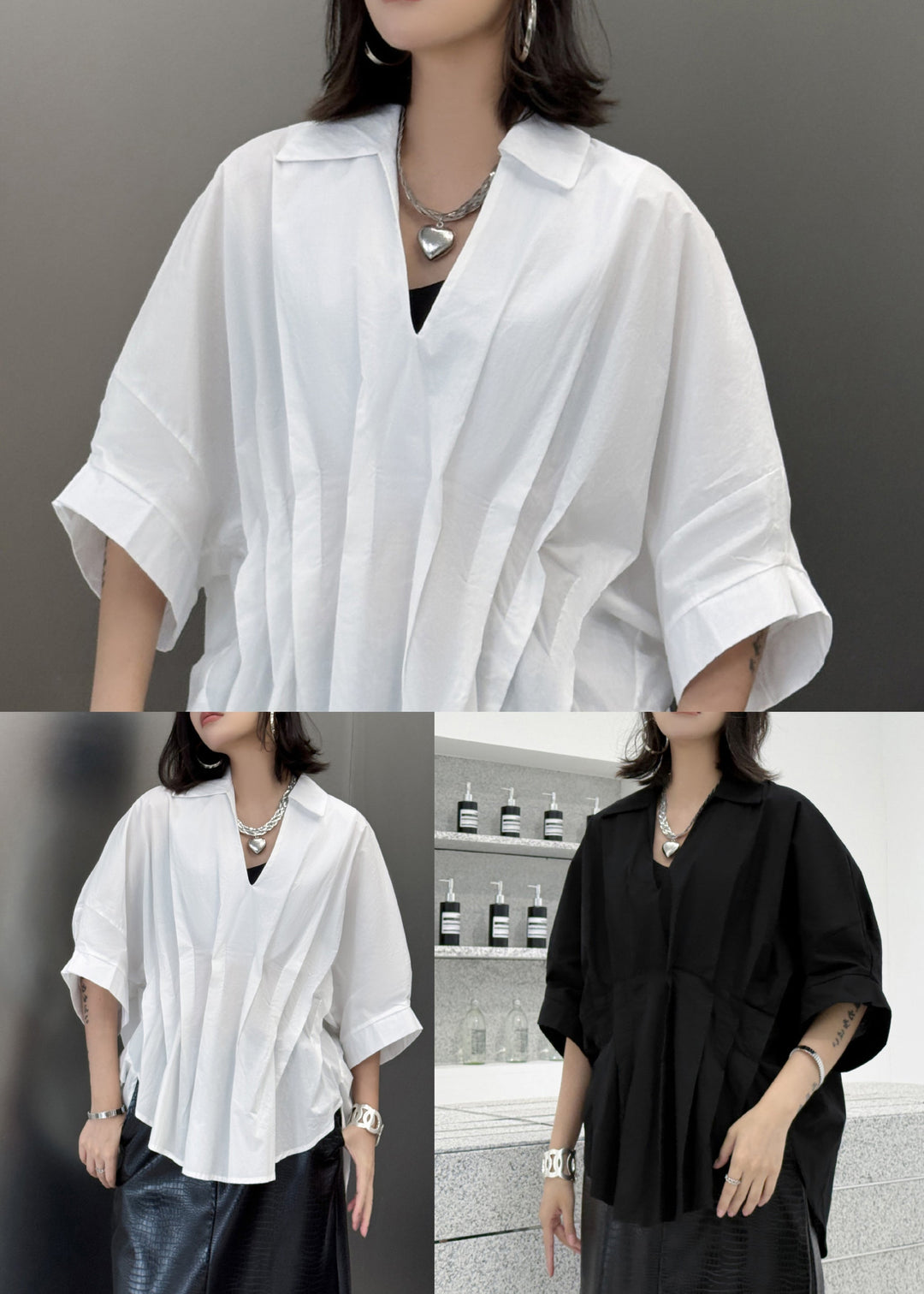 White Patchwork Novelty Cotton Shirt Top Asymmetrical Wrinkled Summer