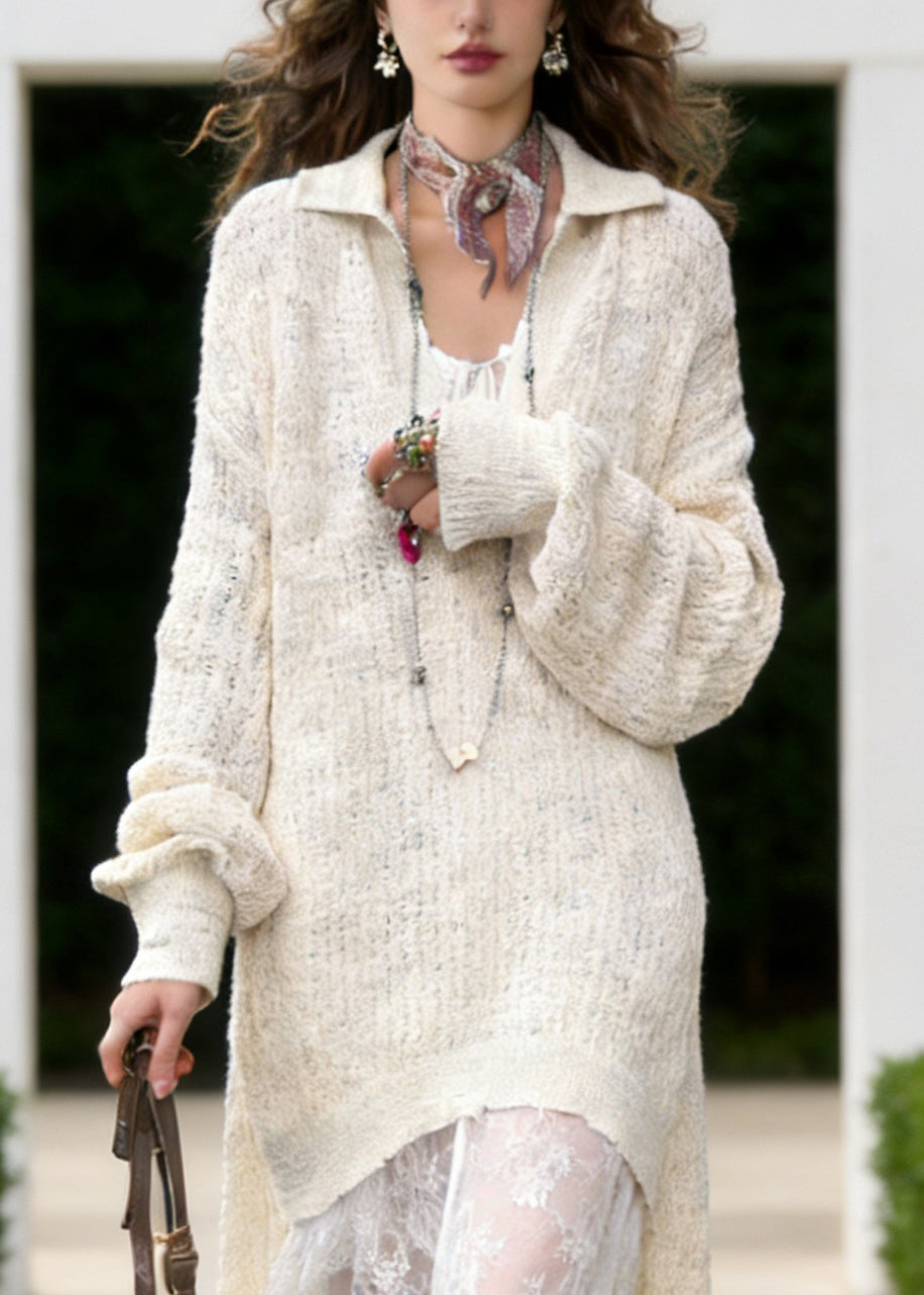 White Peter Pan Collar Knit Long Sweaters And Lace Maxi Dress Two Piece Set Lantern Sleeve