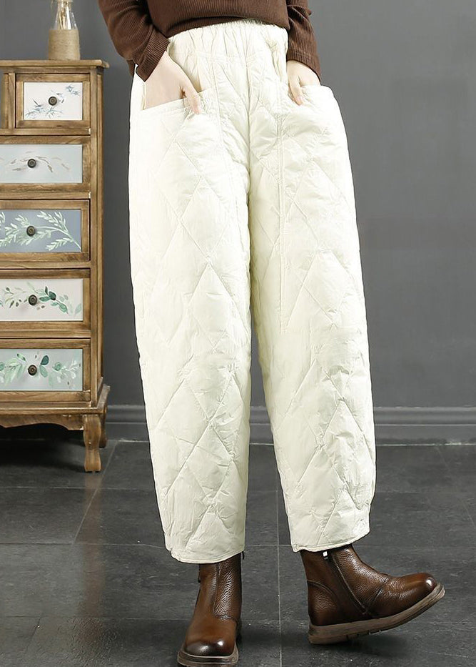White Plaid Pockets Fine Cotton Filled Winter Beam Pants Elastic Waist