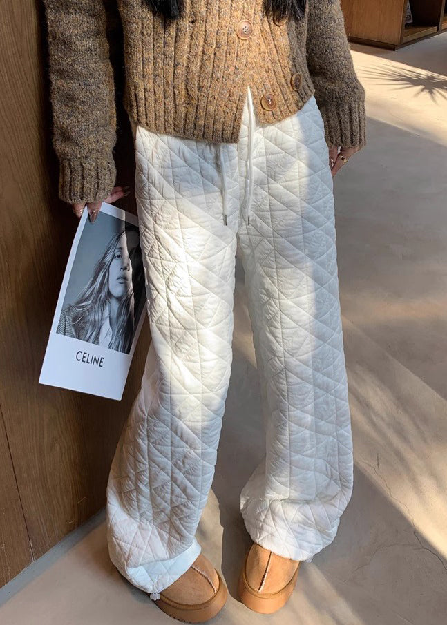 White Pockets Elastic Waist Warm Fleece Pants Plaid