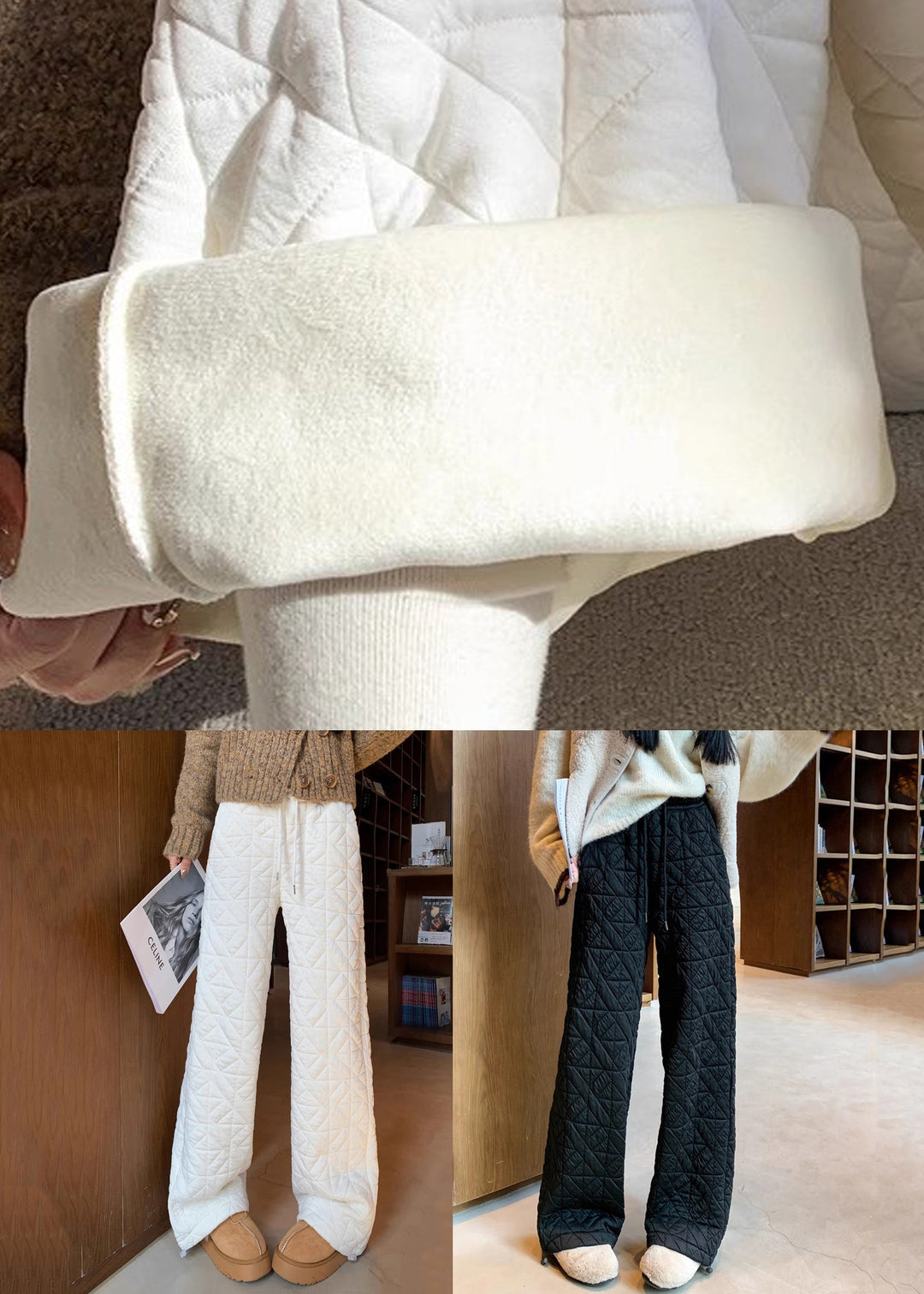 White Pockets Elastic Waist Warm Fleece Pants Plaid