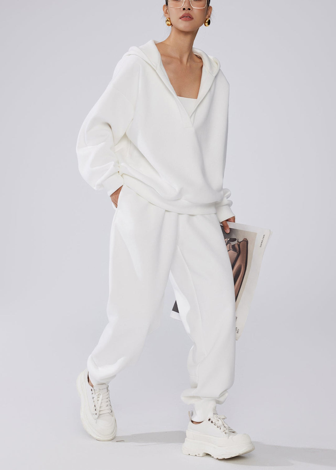 White Pockets Elastic Waist Warm Fleece Winter Two Pieces Set Hooded