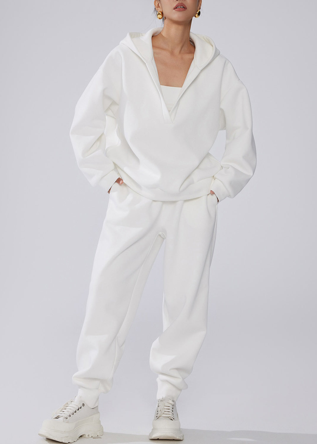 White Pockets Elastic Waist Warm Fleece Winter Two Pieces Set Hooded