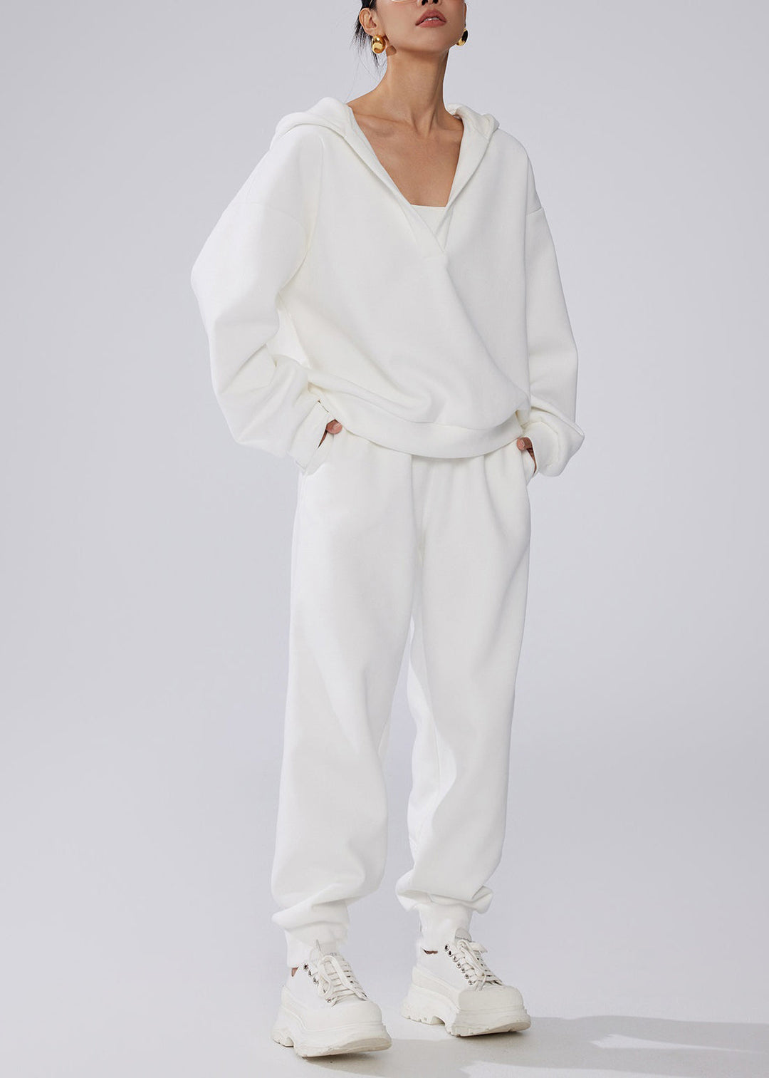 White Pockets Elastic Waist Warm Fleece Winter Two Pieces Set Hooded