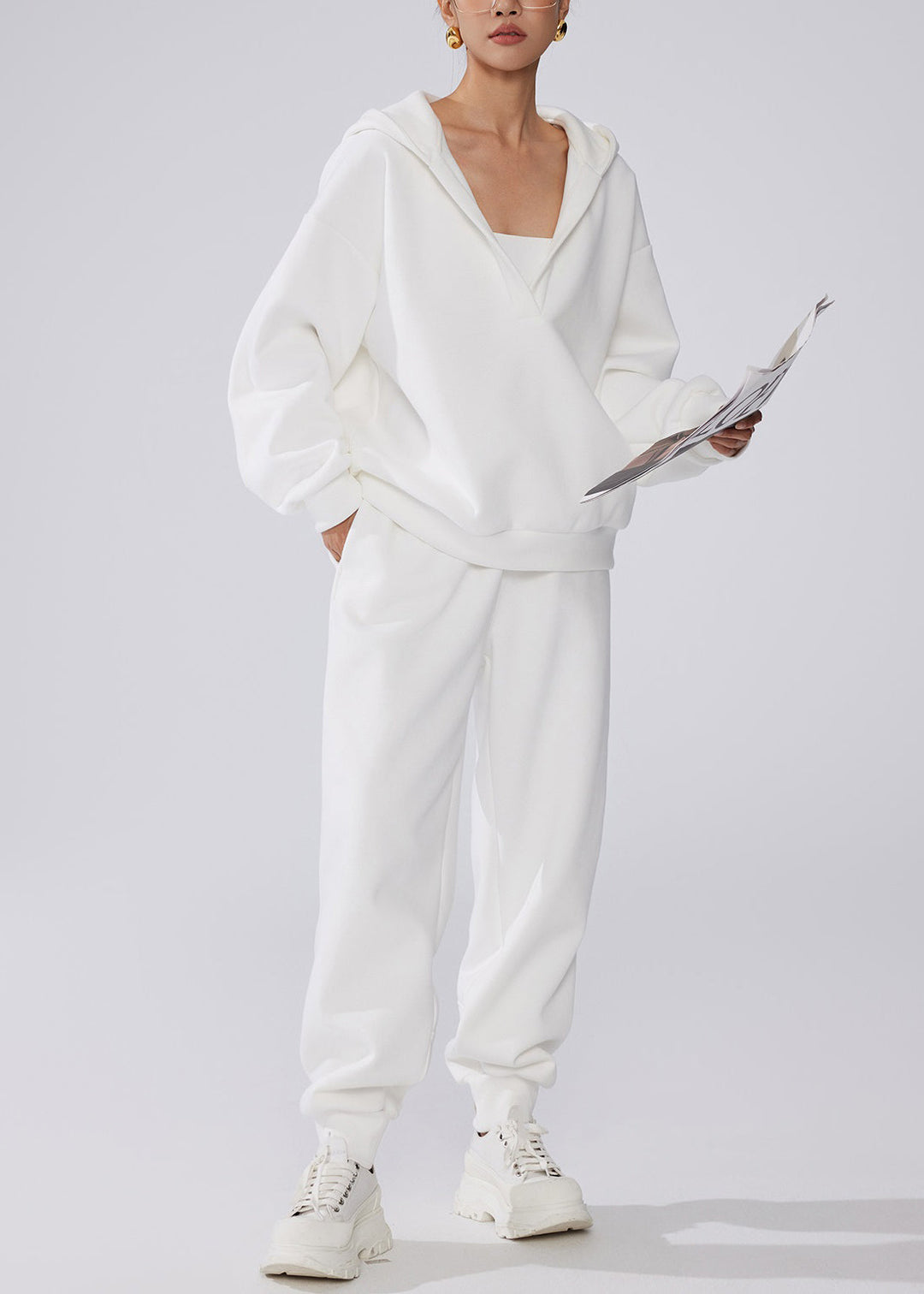 White Pockets Elastic Waist Warm Fleece Winter Two Pieces Set Hooded