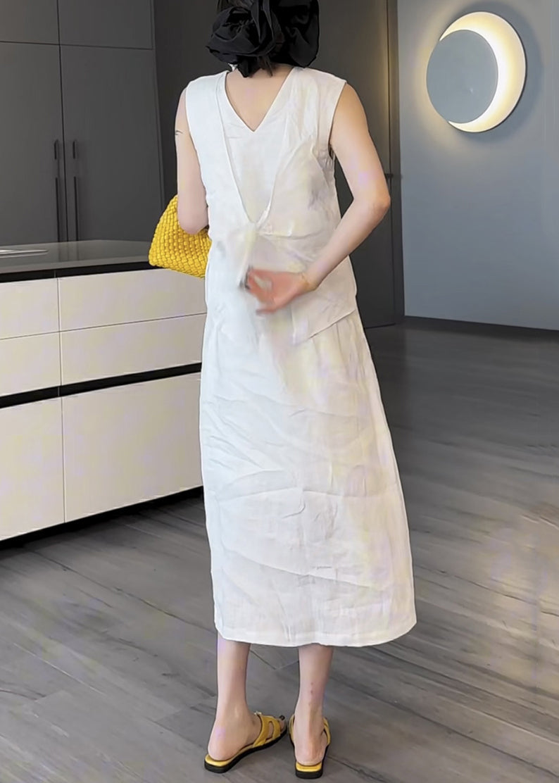 White Pockets False Two Pieces Cotton Long Dress V Neck Summer
