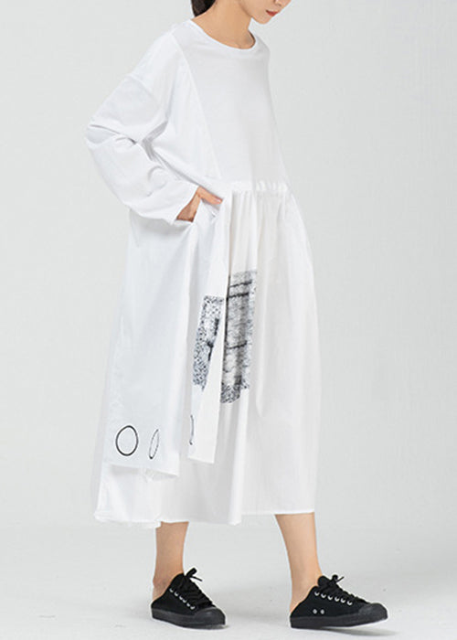 White Pockets Patchwork Cotton Long Dress O Neck Spring